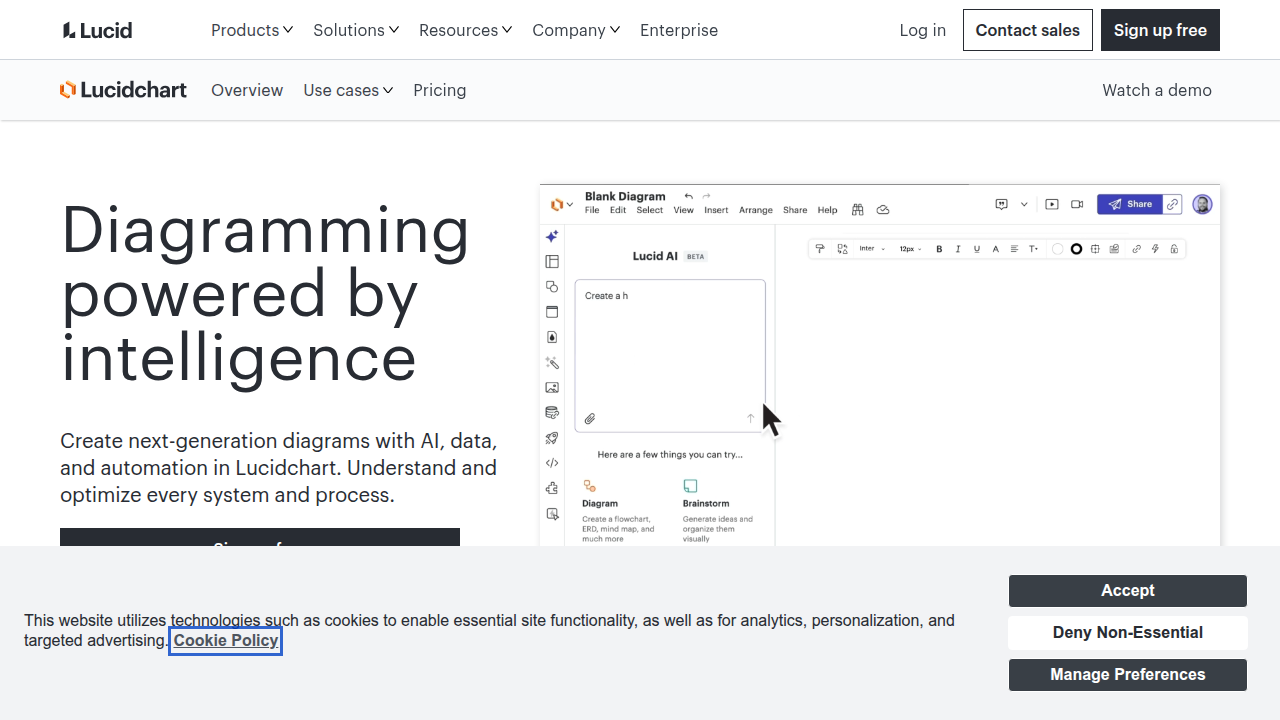 The homepage of Lucidchart, a collaborative visual workspace for diagramming.