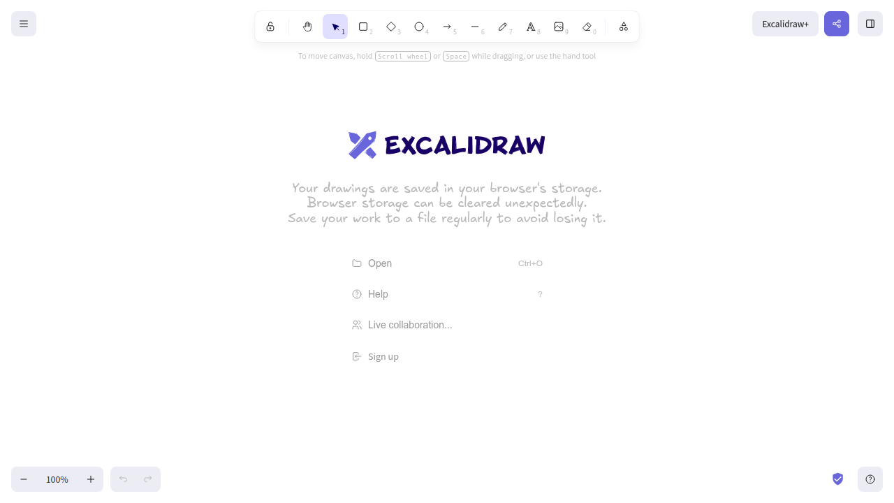 The homepage of Excalidraw, a virtual whiteboard for hand-drawn like diagrams.