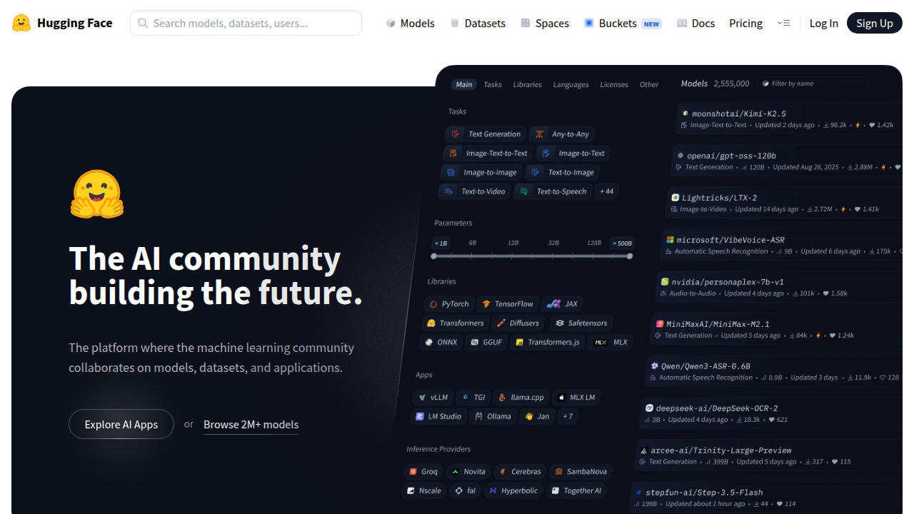 A screenshot of the Hugging Face platform, showcasing its role as a central hub for open source AI models and tools.