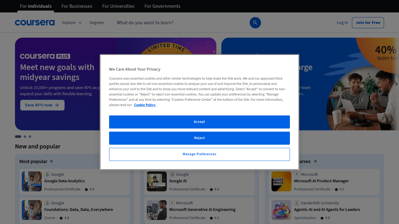 Screenshot of the Coursera homepage, a leading platform for online learning, often featuring data science courses.