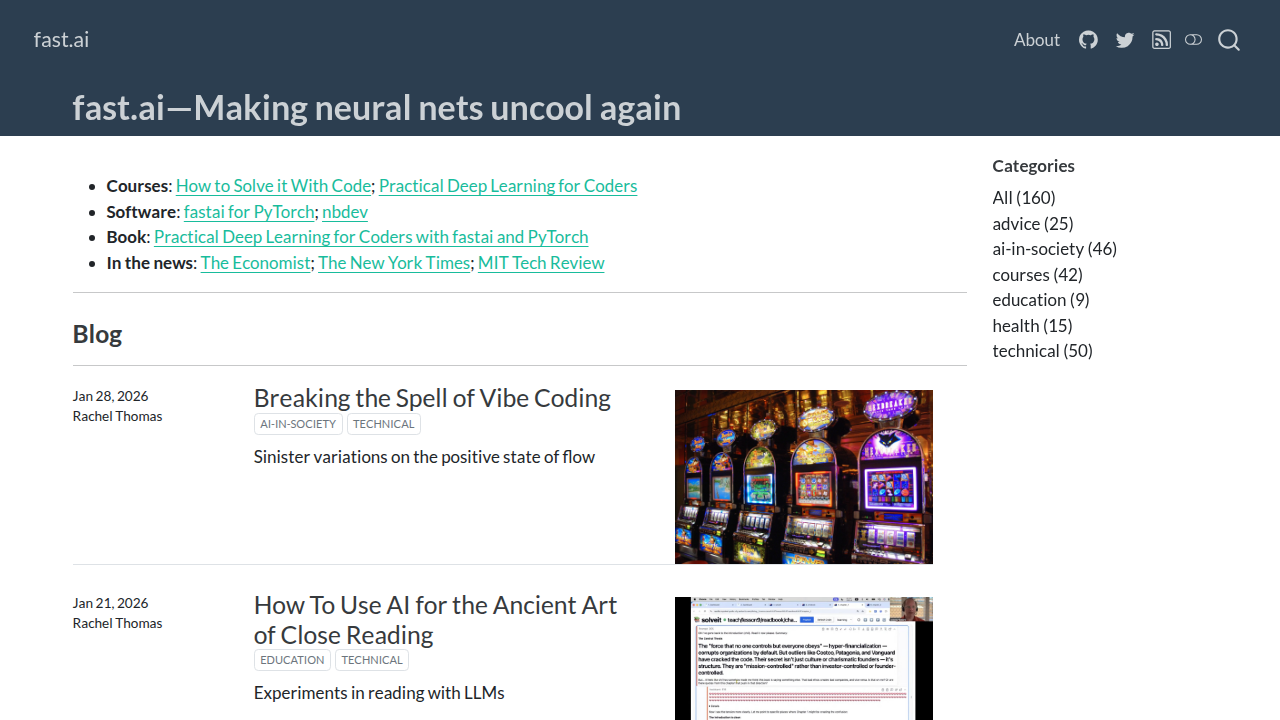 The homepage of Fast.ai, a platform known for its practical deep learning courses and resources.