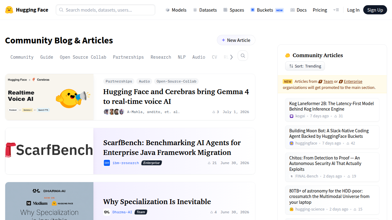 The official blog of Hugging Face, a leading platform for machine learning models and NLP, offering insights and updates.