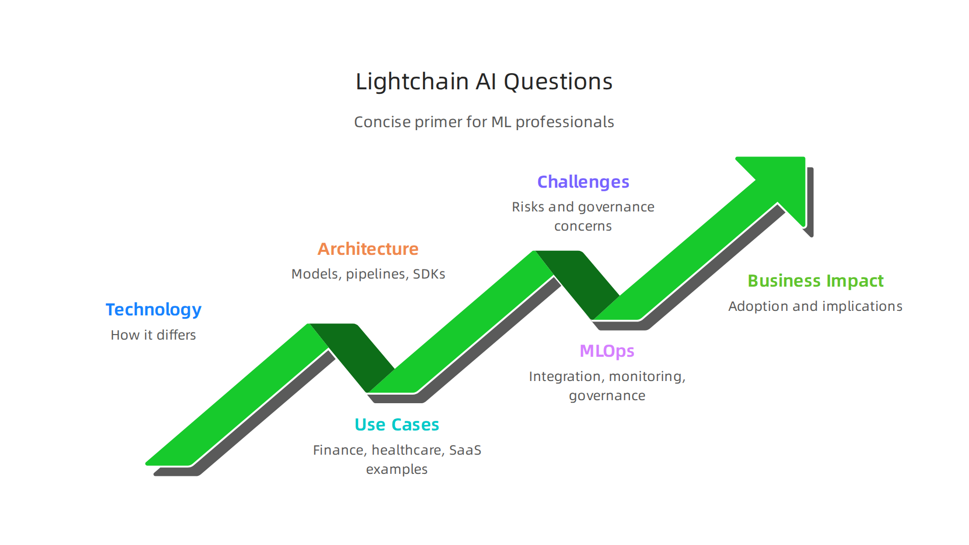 An infographic outlining the main questions explored in the article regarding Lightchain AI's technology, applications, challenges, and business impact.