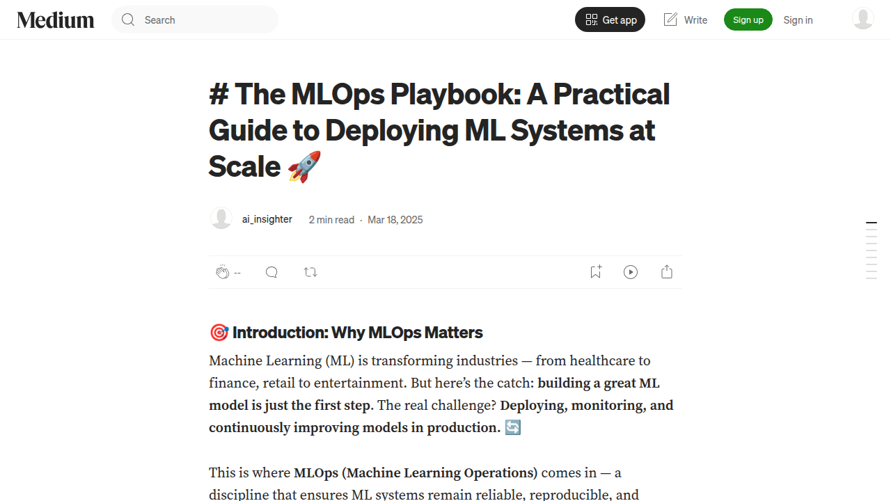 Screenshot of a Medium article titled 'The MLOps Playbook,' offering a practical guide to deploying machine learning systems at scale, relevant to Lightchain AI's commercial considerations.