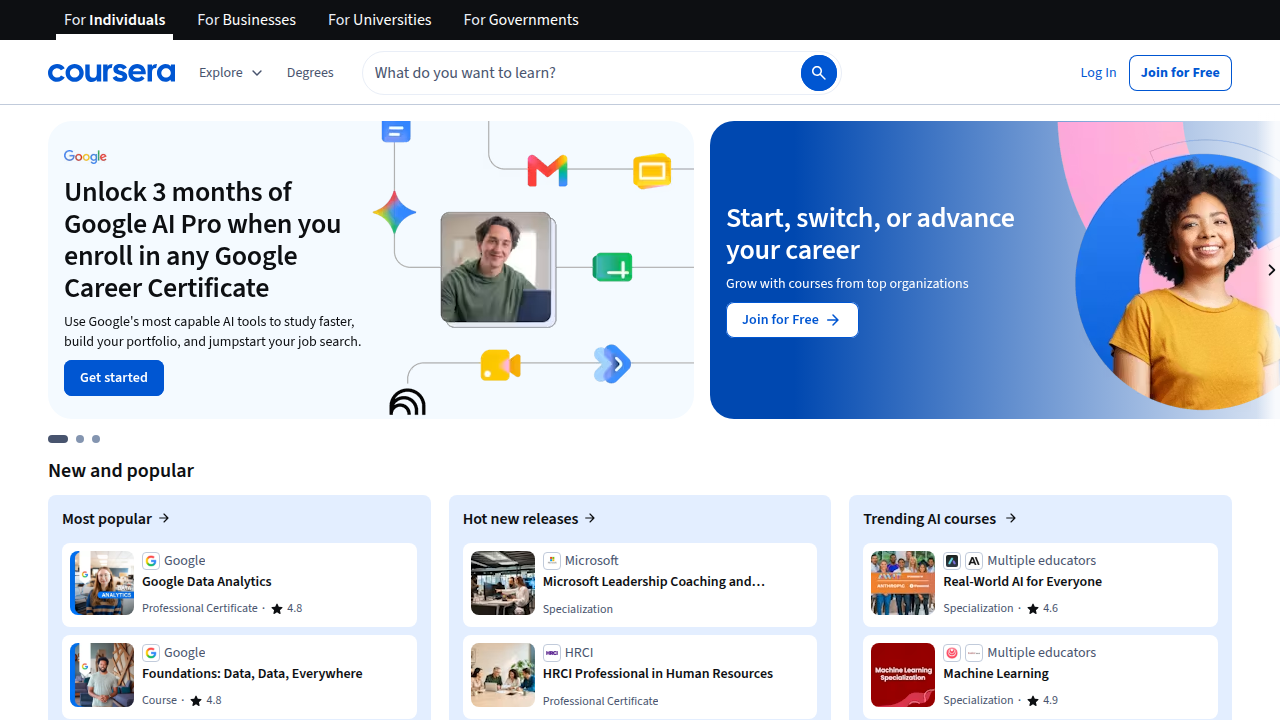 Discover various online courses and degree programs, including data science master's, on the Coursera platform.