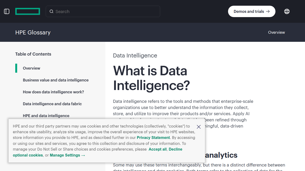 The HPE website defining data intelligence as turning raw data into smart insights.