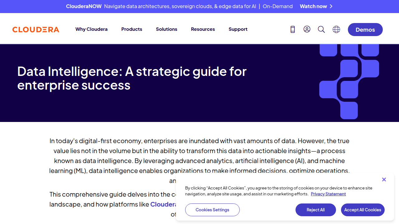 Cloudera's FAQ page explains data intelligence as a comprehensive approach to leveraging business information.