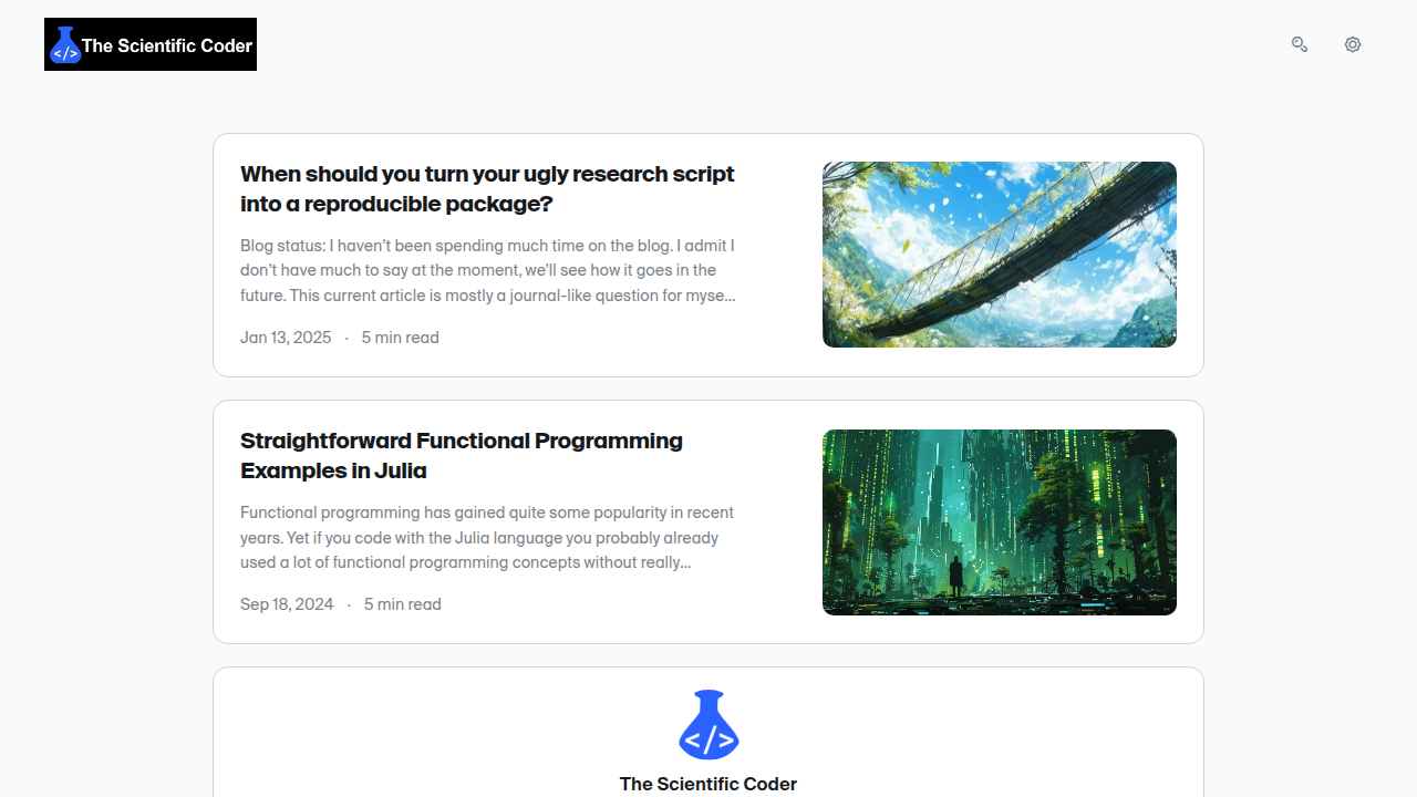 A snapshot of ScientificCoder.com, a resource for clean code tips and reproducible environments in scientific computing.