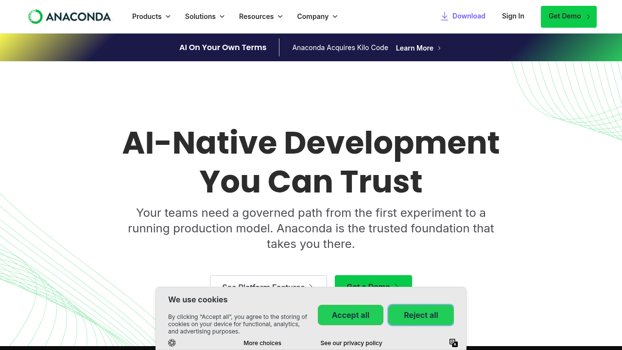 A view of the Anaconda homepage, highlighting its role as a leading platform for Python data science, machine learning, and visualization.