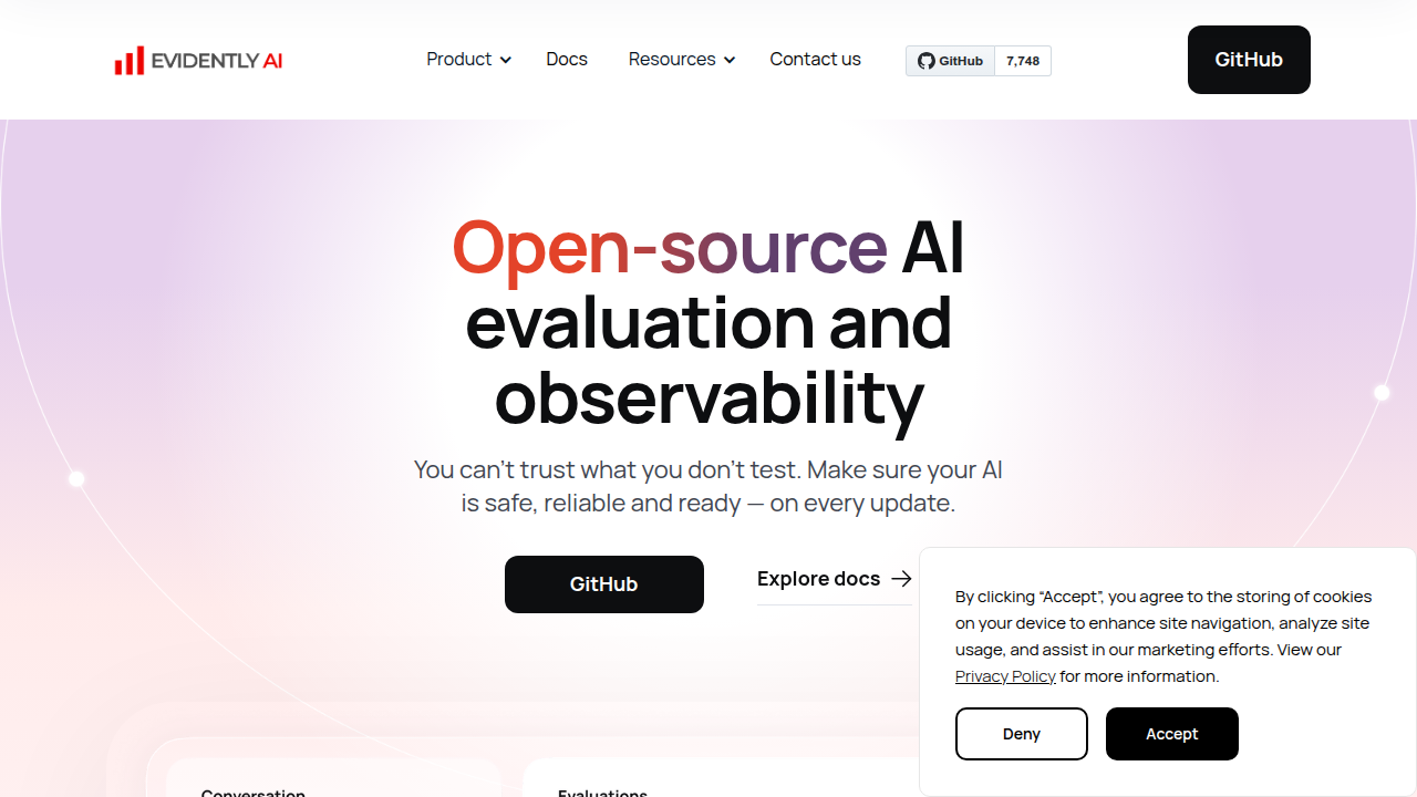 The homepage of Evidently AI, a platform focused on ML observability, testing, and monitoring to prevent model degradation.