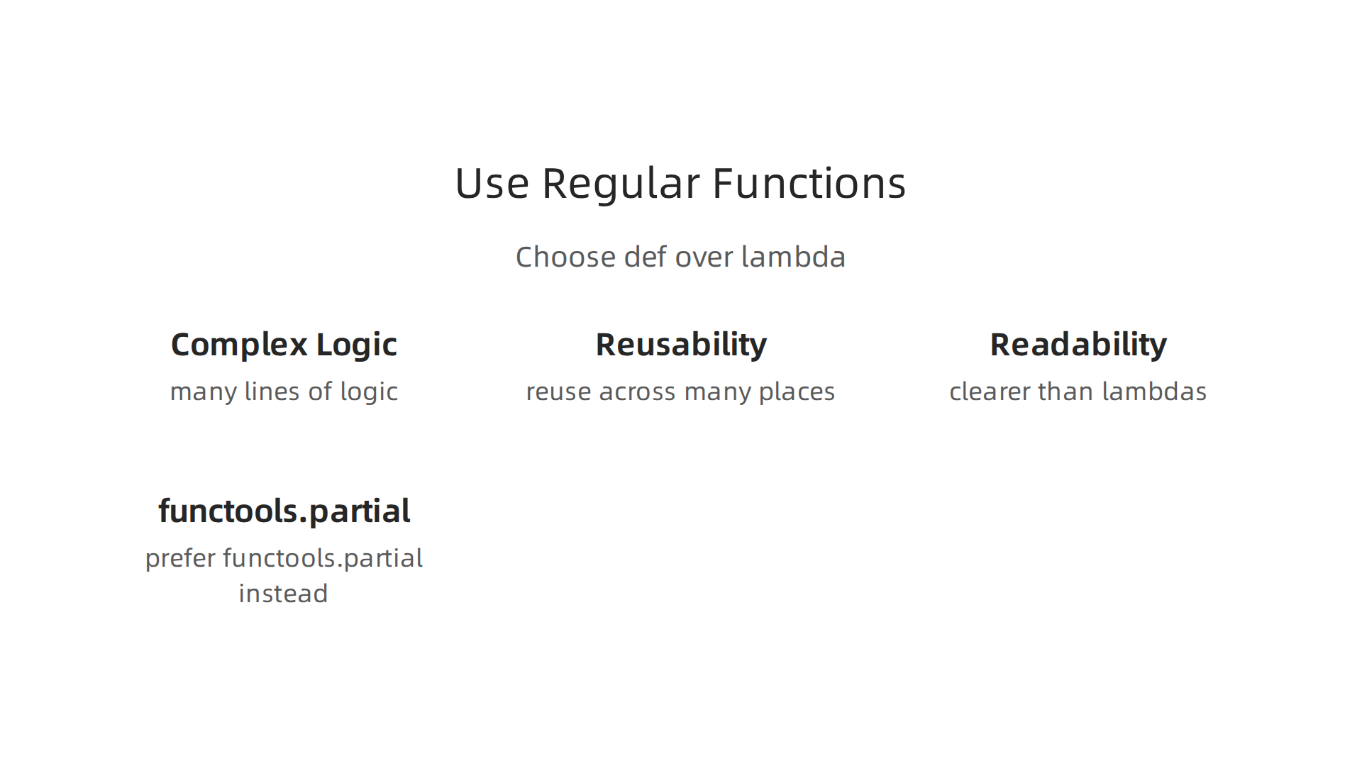 Guidelines for when to choose regular def functions over Python lambdas for better code.