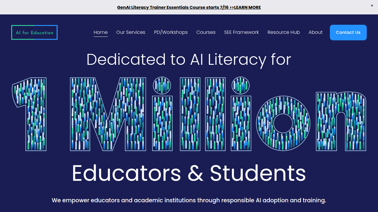 The homepage of AI for Education, a resource providing state guidance and resources for implementing AI in K12 schools ethically.