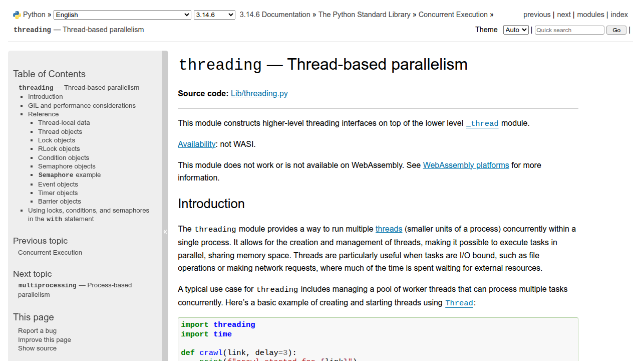 Reference the official Python documentation for the threading module.
