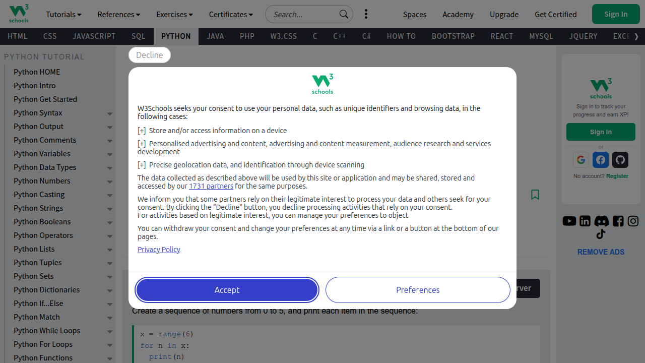 Utilize W3Schools as a quick reference for Python's range() function and its usage examples.