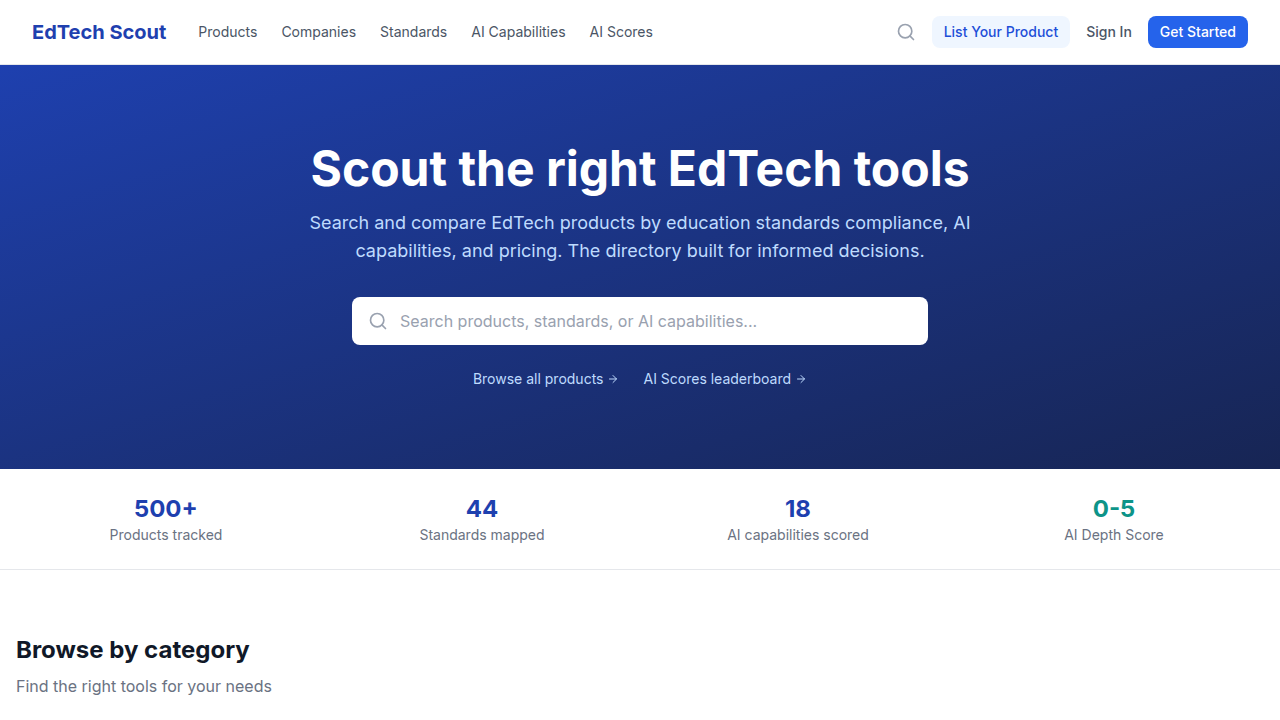 Screenshot of Brainly's profile on EdTech Scout, detailing its standards and AI capabilities for educational use.
