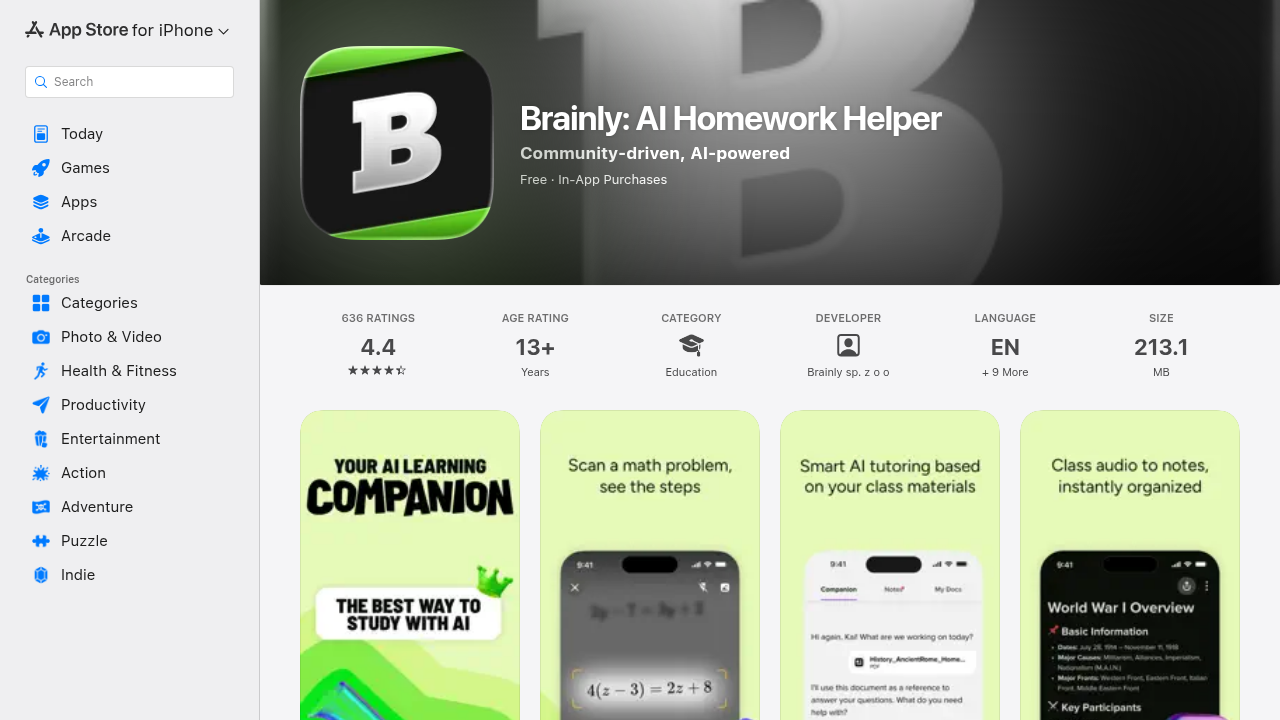 A screenshot of the Brainly: AI Homework Helper app page on the Apple App Store, showcasing its availability and features.