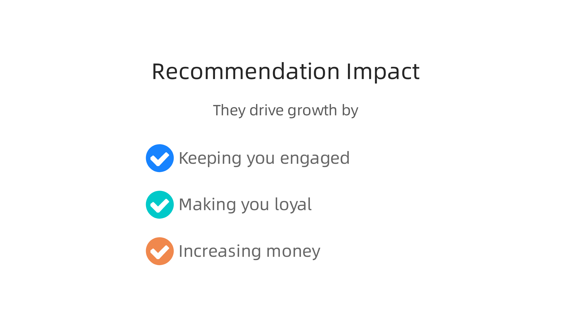 Visualizing the key impacts of recommendation systems on business growth and user interaction.