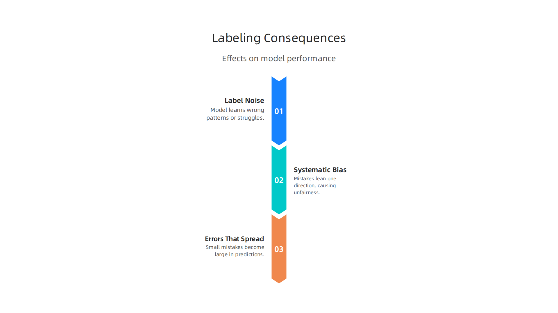 Visualizing the primary issues that arise from poor data labeling quality in machine learning systems.